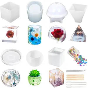 15piece Resin Molds Silicone Kit, Epoxy Resin Molds Including Sphere, Cube, Pyramid, Square, Round, Used for Create Art, DIY, Coasters. Bonus Decorative Sequins and The Complete Set Tools
