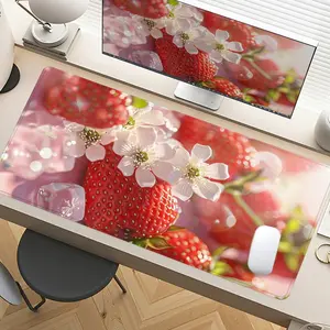 Strawberry & Floral Desk Mat Gaming Mouse Pad XXL Extended Mouse Pad for Laptop Large Mouse Pad for Desk with Non-Slip Rubber Base Stitched Edges Surface for PC Gamers Office Workers & Home Use