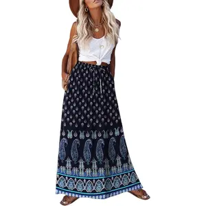 Women's 2025 Boho Floral Skirt Casual Elastic High Waist Maxi Skirts Flowy A Line Beach Long Skirt with Side Pockets