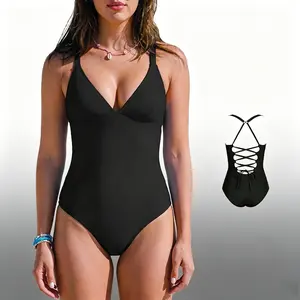 One-Piece Swimsuit: Plunging V Neck Sculpting Tummy Control Bathing Suit Swimswimsuits Swimwear with Adjustable Lace-Up Back  Swimoutfit Bathing suit #SummerVibes