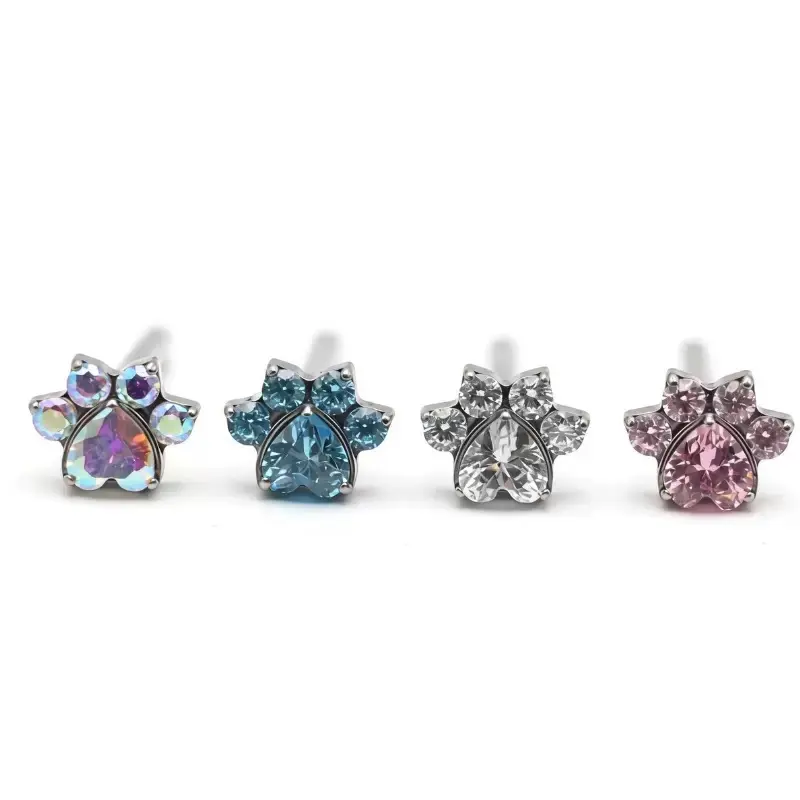 Titanium Cat Paw 16G Bar Length 8mm AB Cubic Zirconia Labret Stud Earring Stud