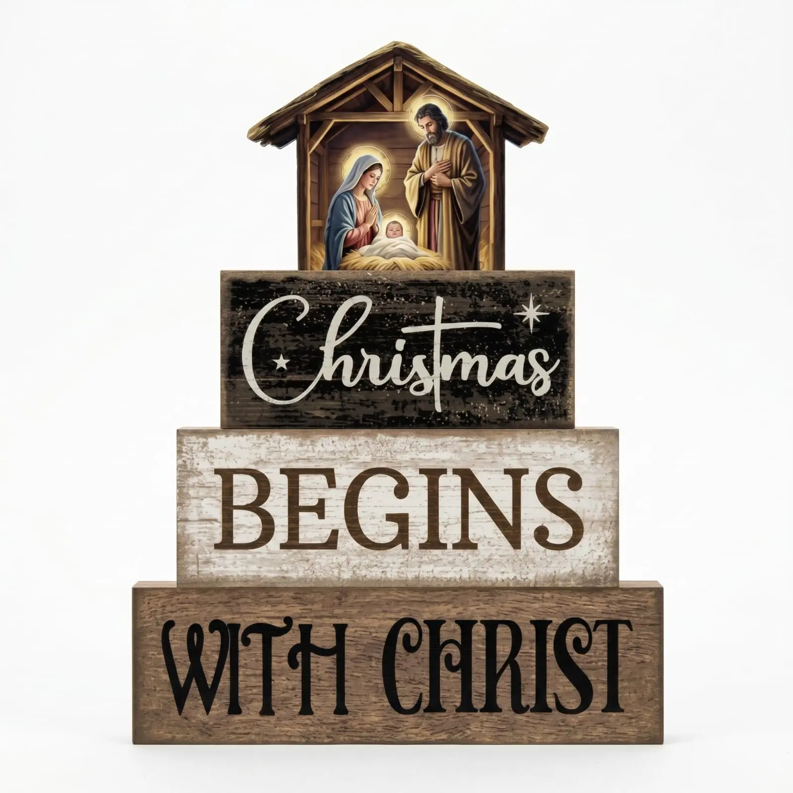 Set of 4 Christian wooden stacking block decorations for Christmas dining tables, featuring a “Christmas Begins with Christ” topper depicting the Nativity scene, suitable for homes and churches, with a rustic religious style layered tray decoration.