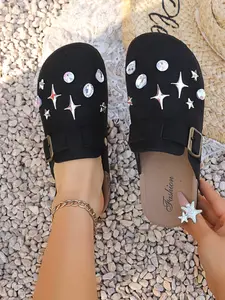 Sweet Cool Star Rhinestone Slipper, Vintage Velvet Birkken Sandals, Thick Sole Height Increasing Lazy Slippers, Casual Baroque Pattern