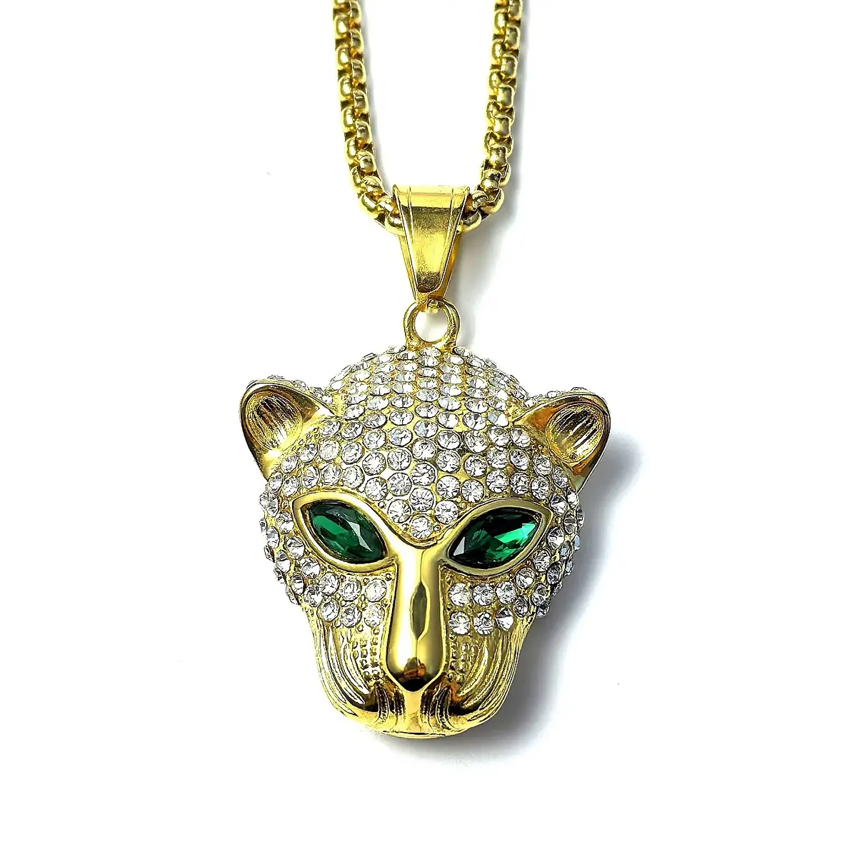 Fanshu Iced Out Panther Head Pendant Necklace for Men & Women, Rhinestone Stainless Steel Hip Hop Jewelry with Green Crystal Eyes, Rhinestones, Metal Plated Gold