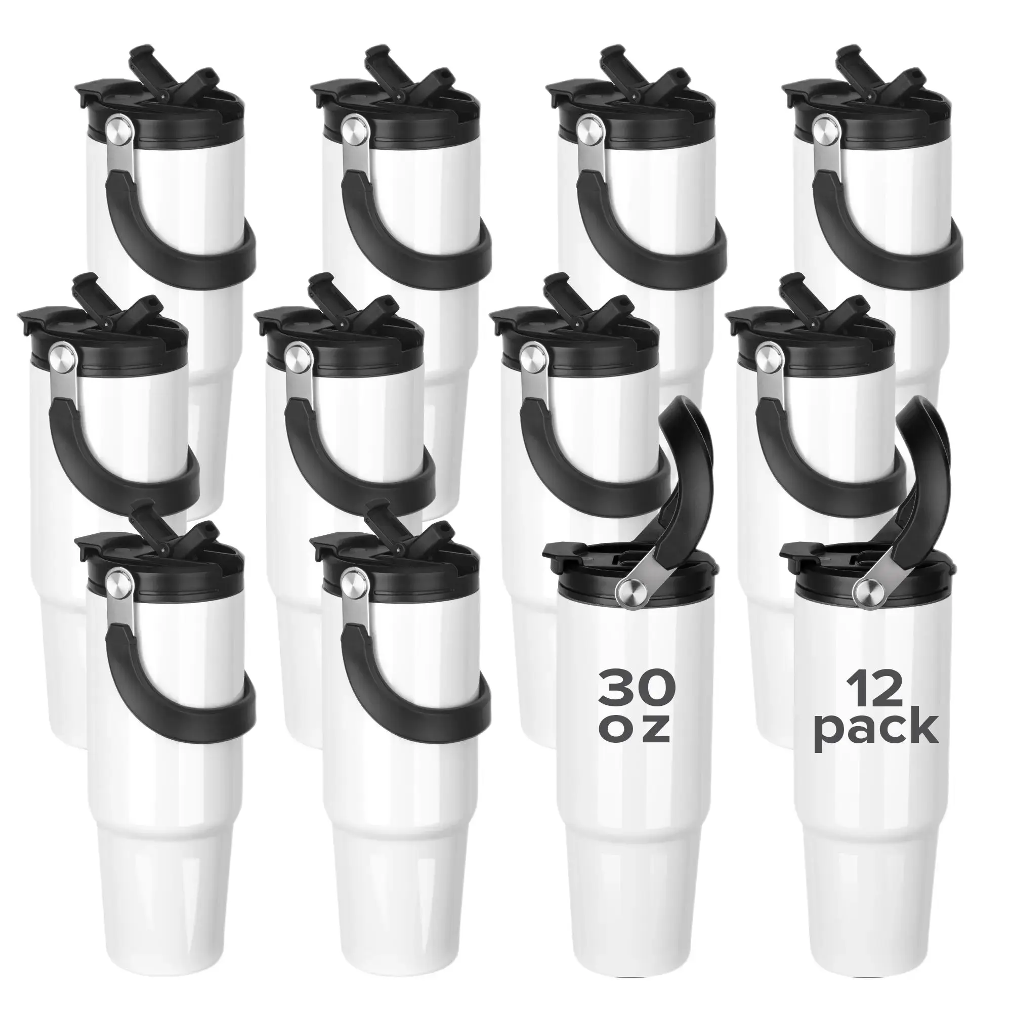 FASTSUB 30 oz Custom Sublimation Tumbler Set, 12-Pack Double Wall Vacuum Stainless Steel Insulated Double Walled Tumbler for Coffee Lovers, Portable Drink Bottle with Lid and Straw, Tasteless Beverage Cooler Black Coffee Water Bottle for Oven Use