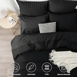 CozyLux Queen Seersucker Comforter Set with Sheets Black Bed in a Bag 7-Pieces All Season Bedding Sets with Comforter, Pillow Sham, Flat Sheet, Fitted Sheet, Pillowcase