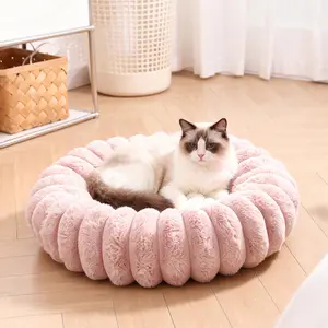 Soft Round Donut Cat & Dog Bed - Washable Fluffy Calming Pet Mat for Medium & Large Indoor Pets