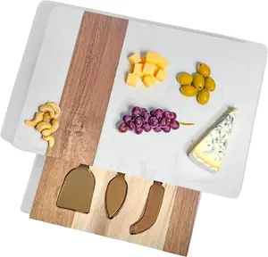 Marble and Wood Charcuterie Board with Gold Cheese Knives for Elegant Snack Serving