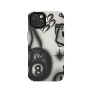 Black & White Graffiti Aesthetic Tough Phone Case for iPhone 11, 12, 13, 14, 15, 16, 17 Pro Max Plus. Retro 90s Edgy Shockproof Heavy Duty Protective Cover with Trendy Spray Paint & 8-Ball Design. Durable & Stylish.