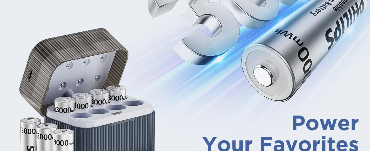 Philips Rechargeable AA Lithium Batteries with Charger 8 Pack - 1.5V 3000mWh High Capacity Li-ion Double A Batteries 1200 Cycles Fast Charging for Xbox/Blink/Solar Lights