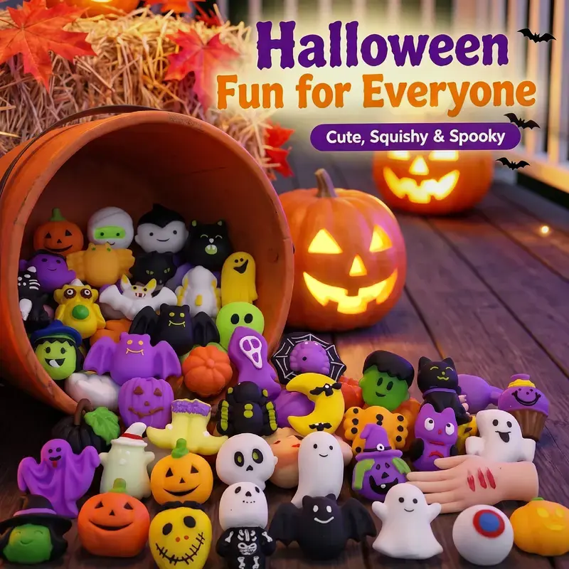 Halloween Squishies Stress Relief Toy Set - Classic Pumpkin/Ghost/Bat Shapes, Super Soft TPR Material, Elastic Squeeze Feel, Washable & Durable, 30/60/90pcs for Trick-or-Treat Goodie Bag Fillers & Classroom Prizes