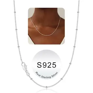 S925 Sterling Silver Chain Necklace for Women - 14K-Real-Gold-Plated 1.5mm Satellite Bead Chains Necklace, Sturdy Women's Chain Necklaces, 14/16/18/20/22/24 Inches Jewelry Valentines Gifts
