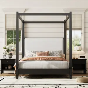 Queen Size Canopy Bed with Upholstery Headboard, Wood Queen Platform Bed Frame with Wooden Slat Support Legs, No Box Spring Needed/Easy Assembly, Black