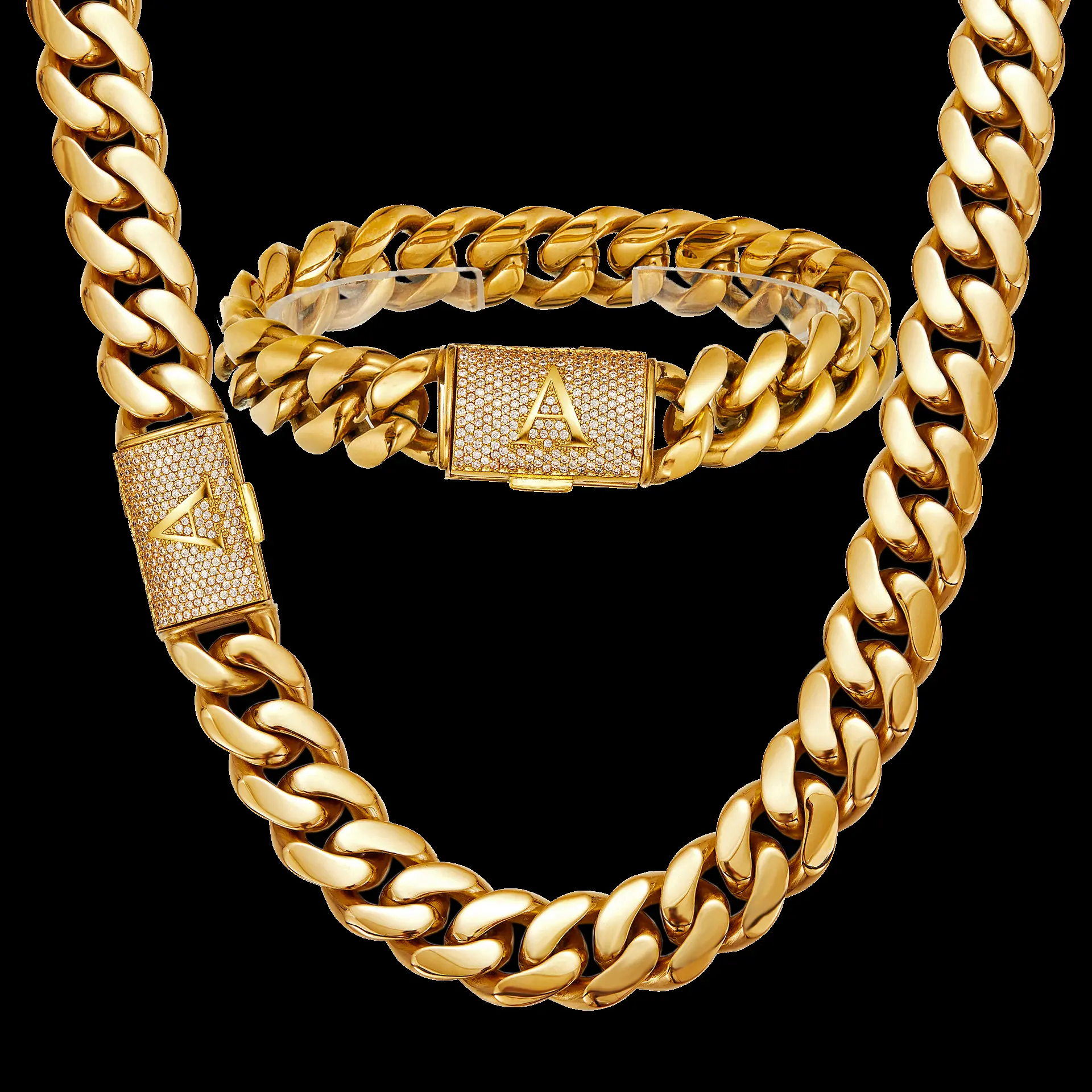 14mm Gold Men's Necklace Stainless Steel Cuban Link Chain with Letter and Rinestone Clasp Fashion Party Jewelry 316L Medical-Grade Corrosion-Resistant