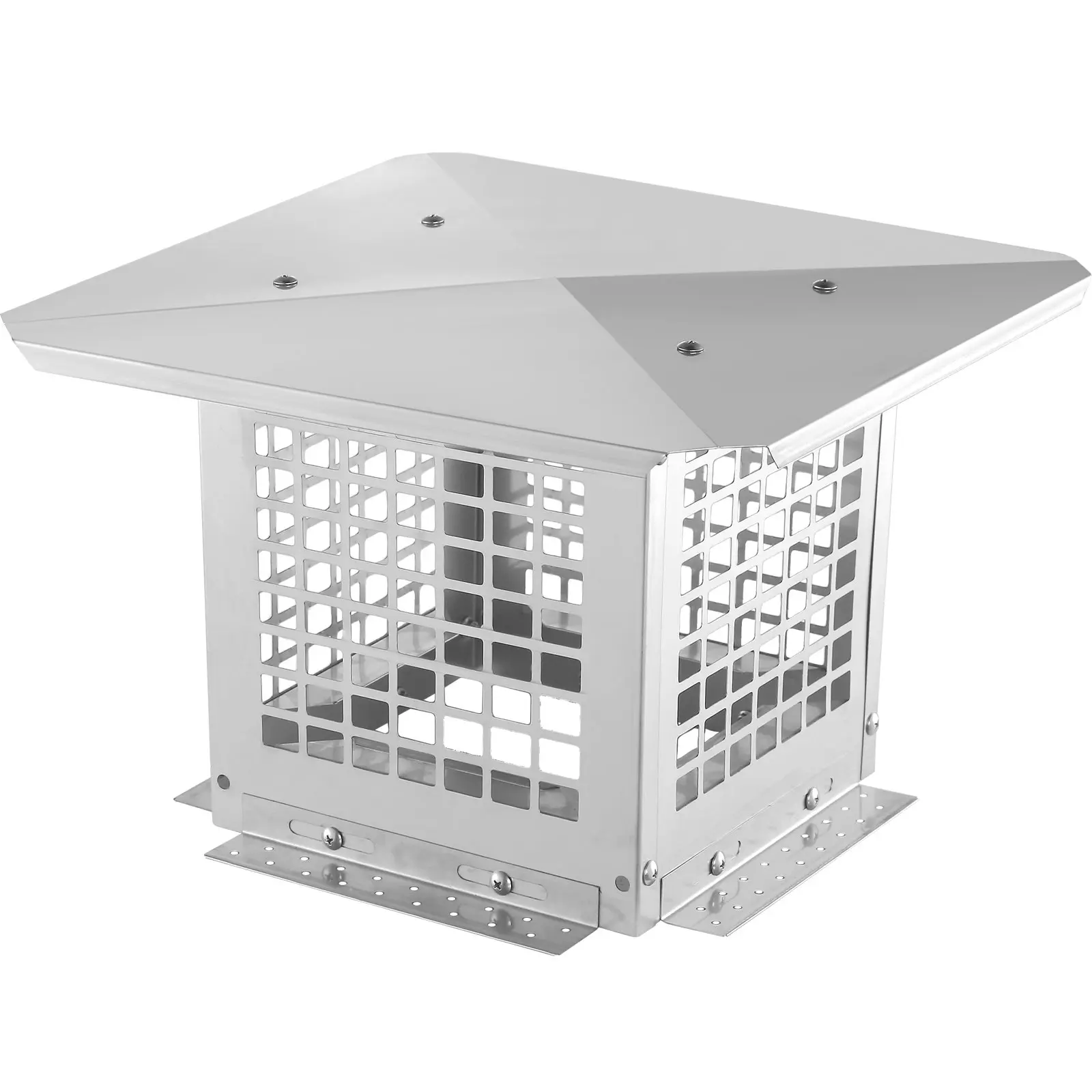 【Summerfinds】VEVOR Durable 304 Stainless Steel Chimney Cap, 9x9 in Mesh Flue Fit, 15" x 15" x 9.84" Indoor and Outdoor Venting Accessory, Square Base with Bolts, Bottom-Mounting, Anti-Topple, Easy Installation, Bird-Repellent Silver, Sufficient Bolts And