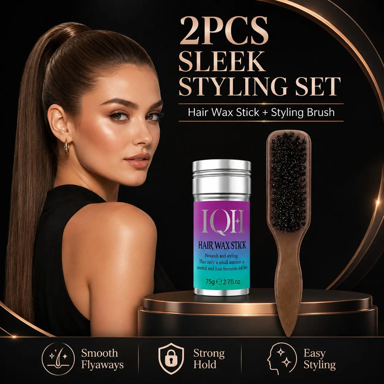 2-Pack Hair Wax Set with Wooden Brush, Strong Hold, Non-Greasy, Controls Flyaways, Smooths Hairstyles, Bun, Ponytail, Wigs