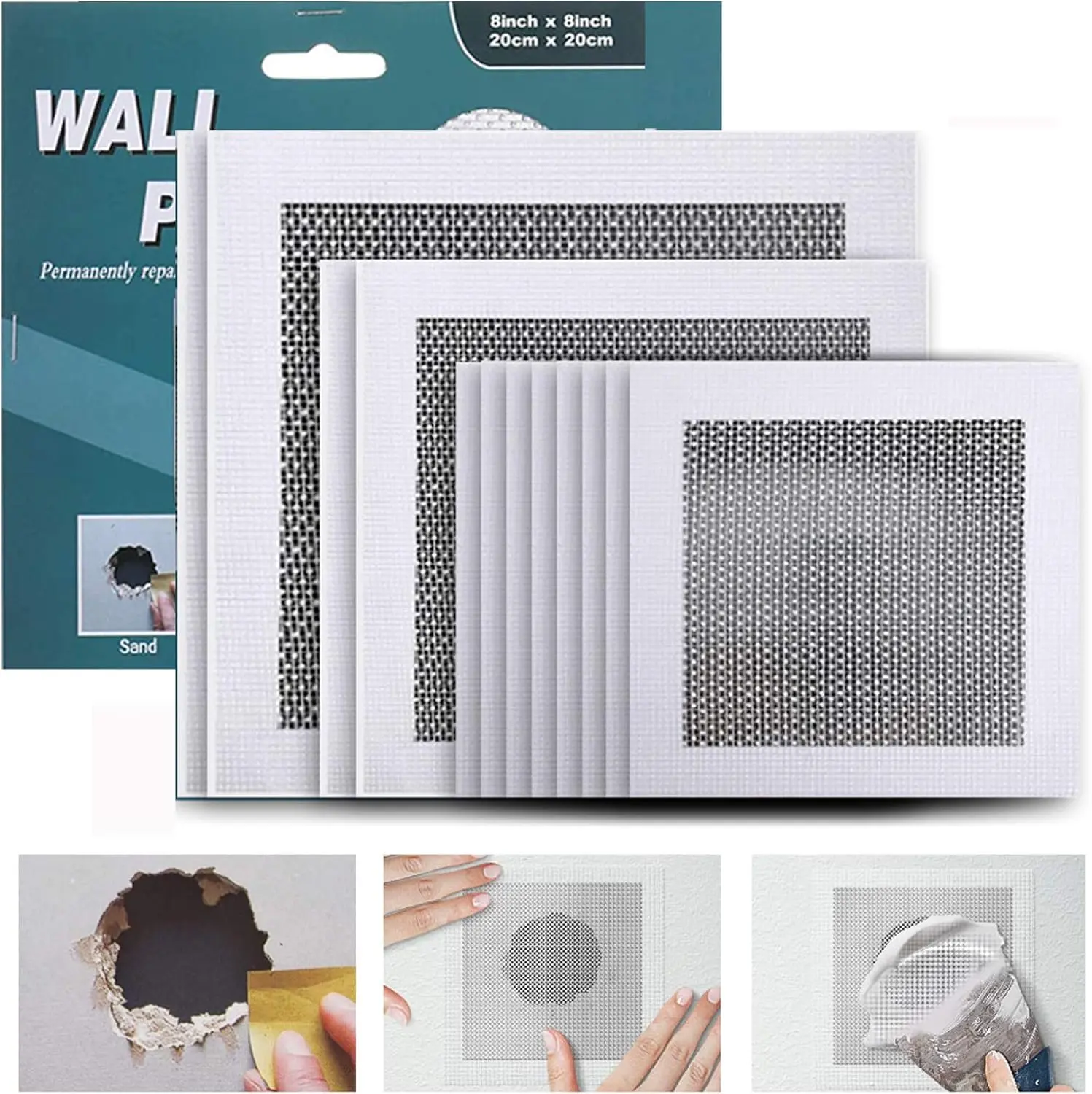 Drywall Repair Kit 12 count Aluminum Wall Repair Patch Kit, 4/6/8 inch Fiber Mesh Over Galvanized Plate, Dry Wall Hole Repair Patch Metal Patch with Extended Self-Adhesive Mesh (12 Pcs)