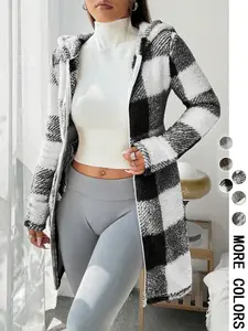 Women's Plaid Fleece Hooded Coat, Soft Fluffy Fleece Fabric & Full Zip Closure & Hooded Design & Mid-Length Silhouette & Multiple Color Options，Valentine，1pc