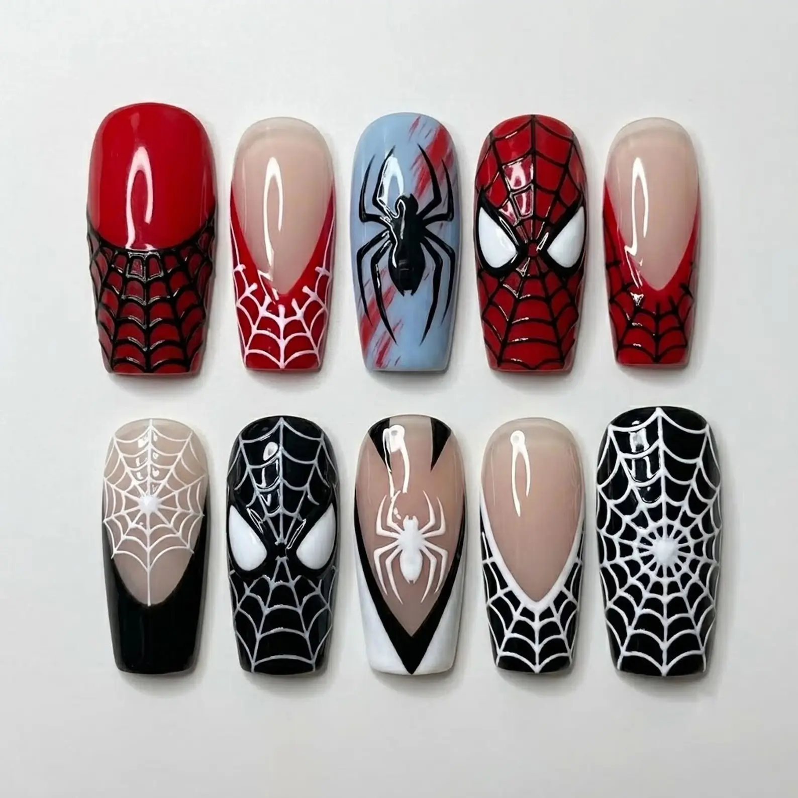 Luxury Spider Web Graphic Design | Red Black Coffin Custom Nails Set