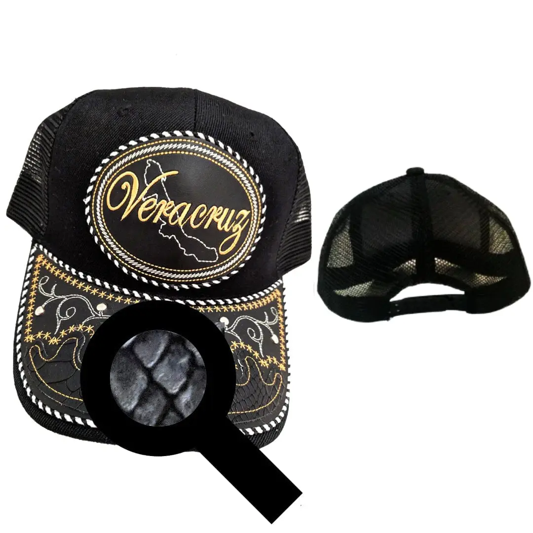 Veracruz Hat, Adjustable Unisex, Charro Style, Polyester/Acrylic, Embroidered Snake Skin Design in Black