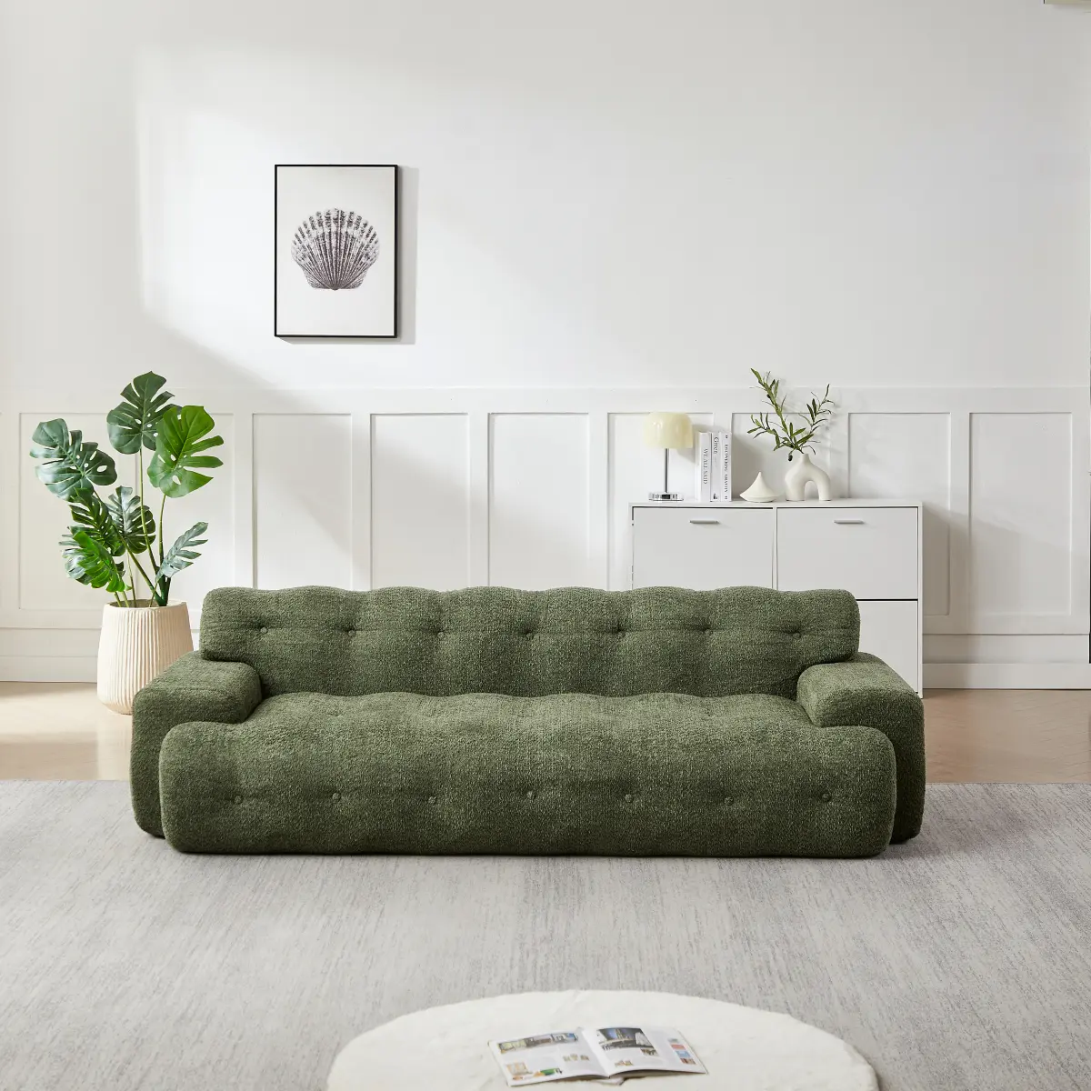 87.4" Cloud  for Living Room, Modern Chenille 3-Seater Couch with Button-Tufted Backrest and Square Arms, Oversized Comfortable Upholstered  for Apartment & Home, White/Green/Black teddy sofa
