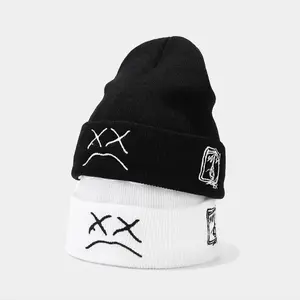 TracHappy Beanie Knitted Hat hip-hop style  Embroidered Knitted hat with sad Expression, Warm Woolen hat for men and women