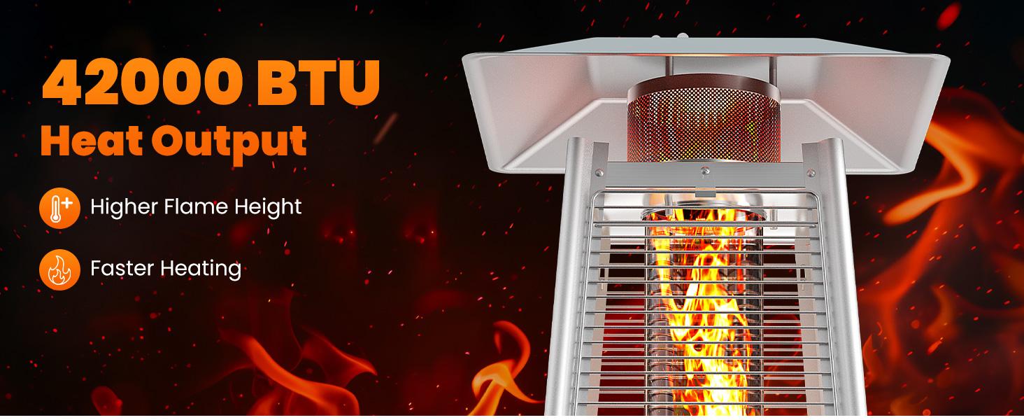 48,000 BTU Propane Heater Outdoor Patio Heaters , Patio Heater Deck Porch for Outdoor Use Camping Backyard Commercial with heels, Double-Layer Stainless Steel Burner, 87" H