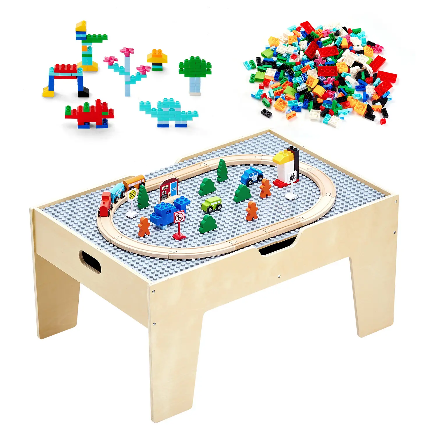 VEVOR Multi-Purpose Activity Play Table,  290 Building Bricks and 30-Piece Wooden Train Set Railway, Vehicles, Tracks and Accessories, Wooden Kids Activity Table with Storage Area for Kids Ages 3+