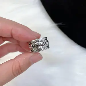 925 Sterling Silver Vintage-Style Wide-Band Elephant Ring — Oxidized Thai Silver "Herd of Elephants" Ring — Adjustable Open Ring for Women