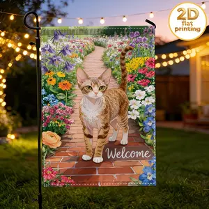 Welcome Devon Rex Cat Garden Flag, Colorful Flower Path Yard Flag, Spring Floral Outdoor Decor 12*18inch