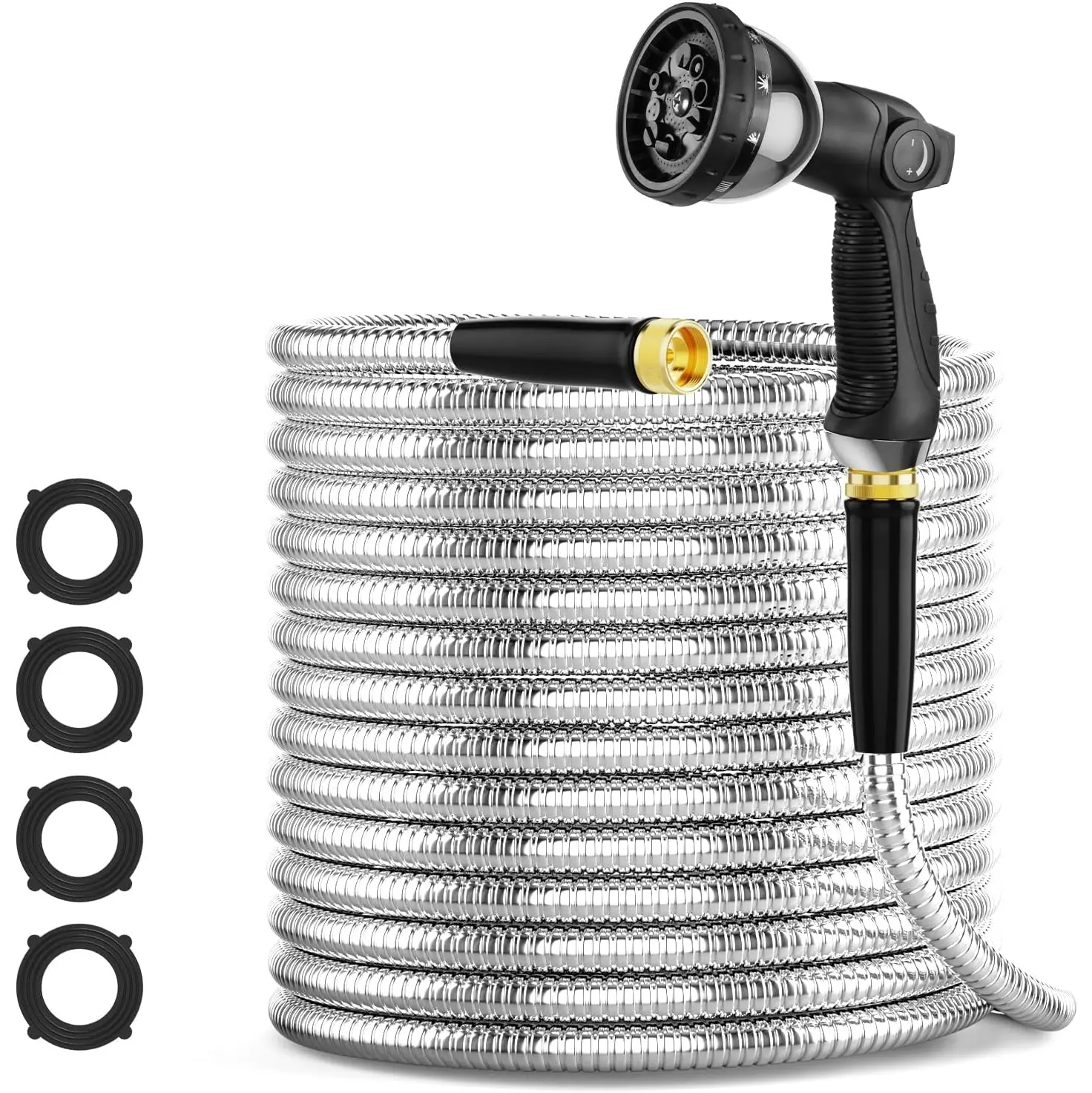 100FT Durable Garden Hose - 304 Stainless Steel Metal with Adjustable Spray Nozzle, Rustproof Flexible Hose Watering Equipment, Heavy-Duty, Lightweight, Crush-Resistant, Kink & Tangle-Free for Yard Outdoor Use