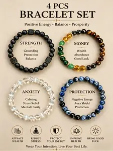 4Pcs Exquisite Boho Crystal Bracelet Stack for Men Women - Tiger Eye, Obsidian, Hematite Natural Stone Beads - Protection, Money Attraction, Anxiety Relief, Strength & Balance - Minimalist Beaded Jewelry Gift for Mom's Day, Father's Day