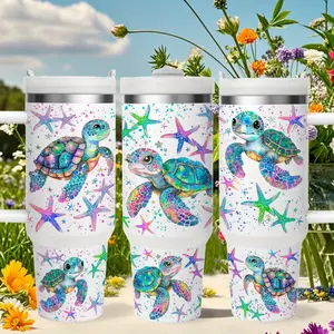 Sea Life Animal Starfish, Sea Turtle 40oz Stainless Steel Thermos Cup, 304 Stainless Steel with Lid and Handle, Home, Office Portable Durable Thermos Cup, Ideal Gift