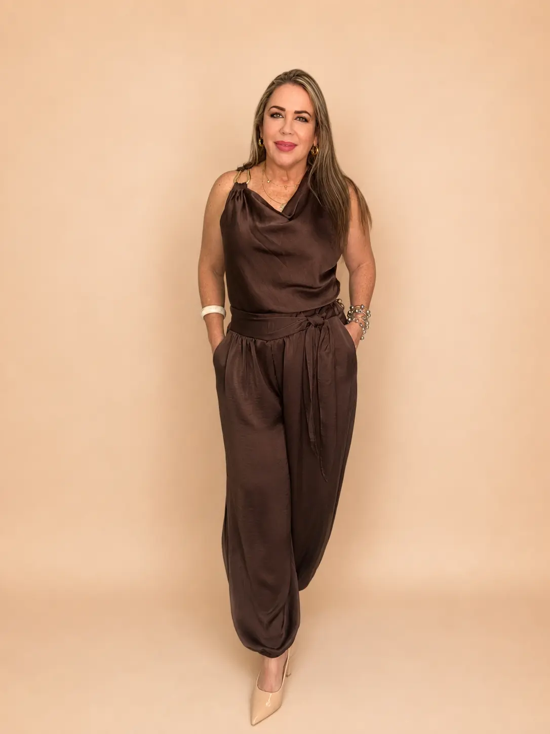 Women's Feminine Satin 2-Piece Blouse & Pants Set - Comfortable Fabric, Belt-Included Formal Suit for Daily Wear