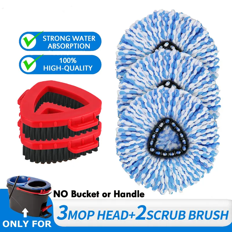 3-Pack for O-Cedar Rinse Clean 2 Tank Spin Mop Refills Bundle - Microfiber Heads, Scrub Brush, Hardwood Floor Mop Compatible, Cleaning Supplies, Microfiber Towel (No Bucket or Handle)