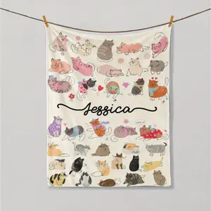 Personalized Cat Theme Flannel Fleece Throw Blanket With Custom Name - Digital Print Soft Cozy Sherpa For Cat Lovers, Pet Parents