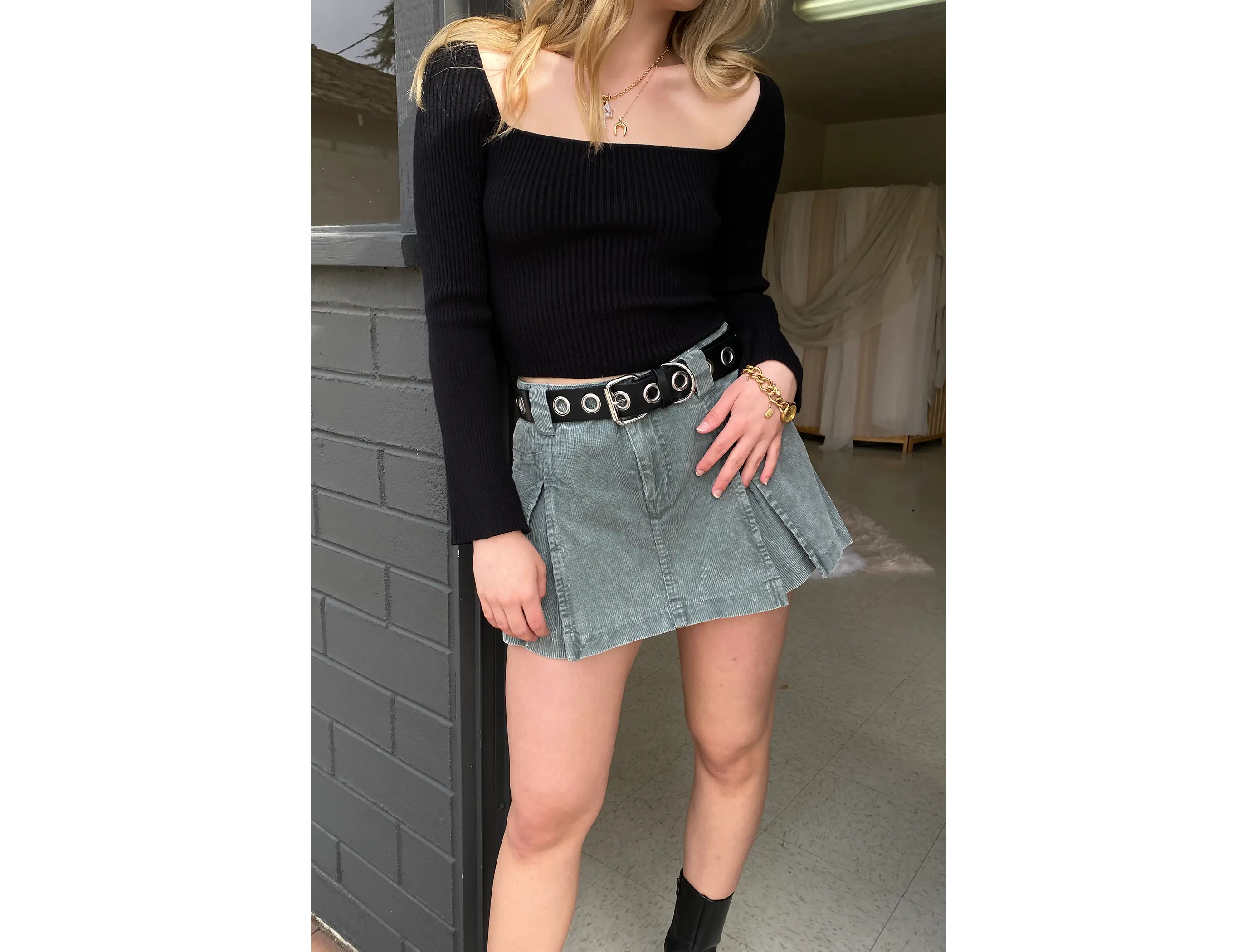 Box Pleats Corduroy Mini Skort