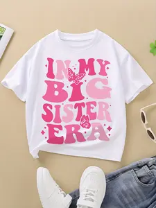 PUEMCO Girls' Fitted Butterfly Print T-Shirt - Cute Retro Pink Big Sister Graphic Cotton Fabric Tee, Toddler Short-Sleeve Top, Pregnancy Announcement Gift for Big Sister