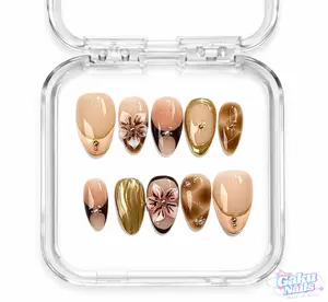 GakuNails HONEY BLOOM 10 PCS Short Almond Handmade Press On 3D Flower Builder Gel Gold Reusable Quality False Nails with Nail Glue & Debonder