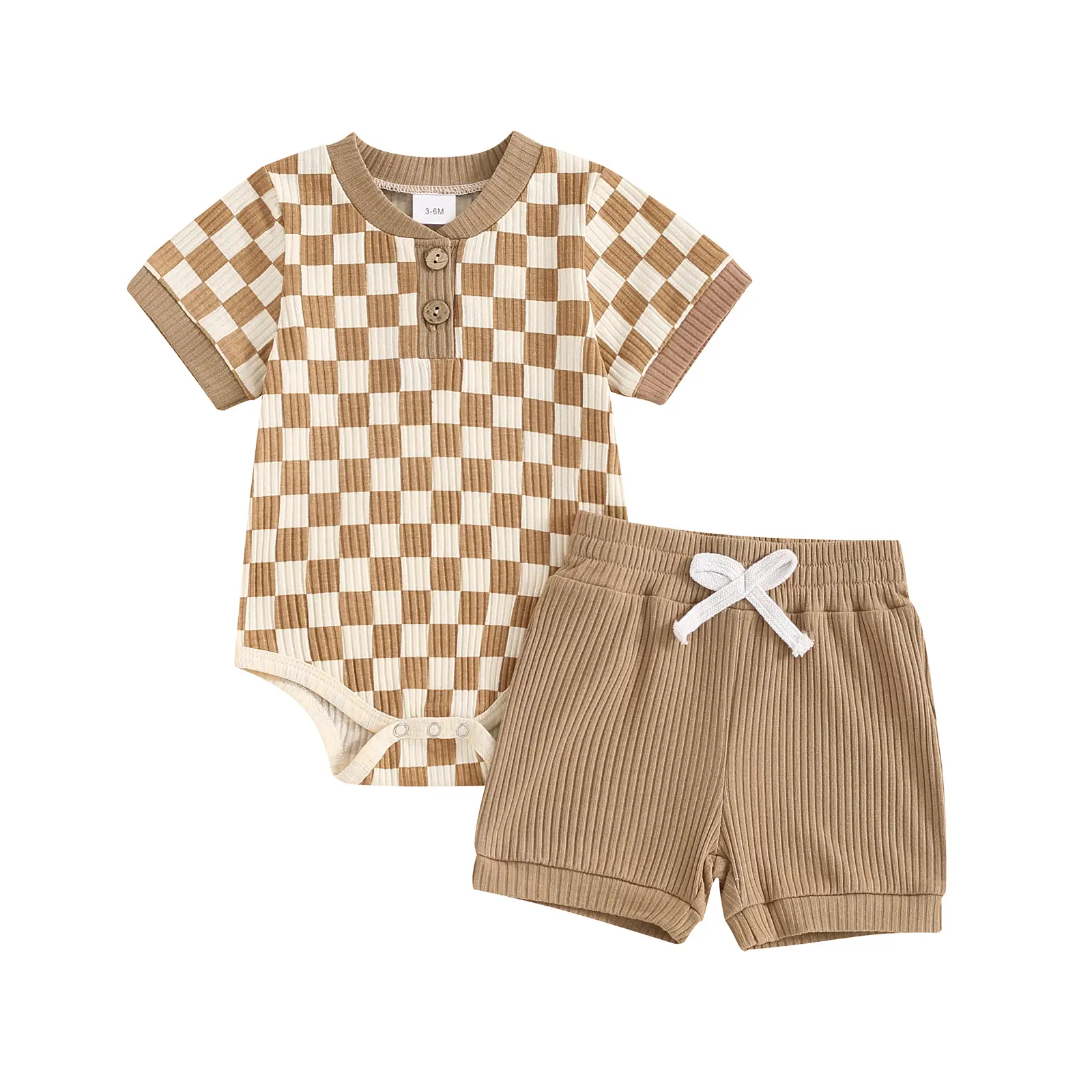 Newborn Baby Boys Summer Bodysuit Outfit Checkerboard Short Sleeve Romper Set Elastic Waist Drawstring Shorts 2Pcs Clothes Set