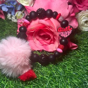Girl power wristlet keychain color scheme black, pink, red and bling beads made with  wire