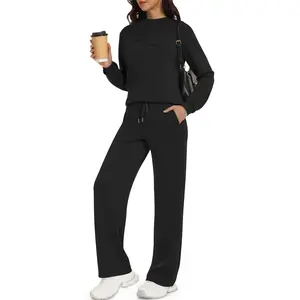 Casly Lamiit Women's 2 Piece Lounge Set Soft Breathable Material Trendy Boat Neck Sweatshirt & Wide Leg Pants Casual Outfits Travel Tracksuit Sets Athletic Fashion Activewear Modern Sportswear