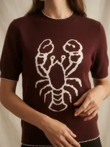 Women's Burgundy Crew Neck Short Sleeve Sweater, Casual Fashion Lobster Pattern Knit Top for Spring & Summer, Fashion Women's Knitwear for Daily Wear, Womenswear