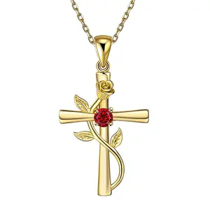 Cross-Border Hot-Selling Classic Cross Rose Gold Necklace with Zircon Birthday Stone Pendant Necklace Exquisite Jewelry Gift