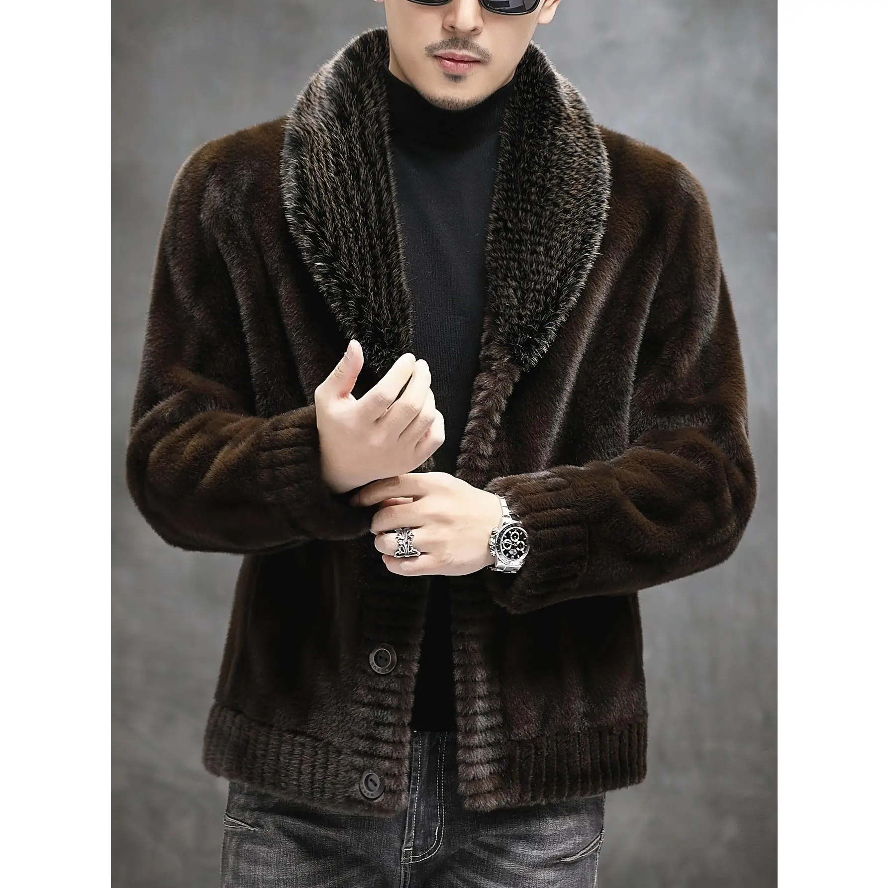 Men's Luxurious Reversible Faux Fur and Faux Leather Jacket - Warm & Stylish Thickened Coat with Button Closure, Long Sleeves for Winter Elegance, Plus Size Winter Coat