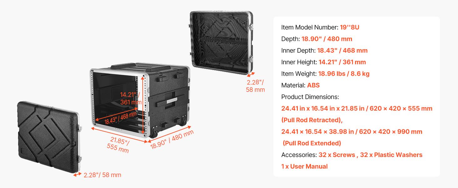 VEVOR 8U Rack Case, Standard 19 in Depth, Rolling Server Cabinet with Wheels, ABS Construction, Retractable Handle, Latches, for Amplifier (7U Rack Space + 1U Wheel Space), 18.4 in Internal Depth VEVOR 8U Rack Case, Standard 19 in Depth, Rolling Server Cabinet with Wheels, ABS Construction, Retractable Handle, Latches, for Amplifier (7U Rack Space + 1U Wheel Space), 18.4 in Internal Depth