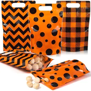 60 count Fall Thanksgiving Plastic  Bags Black Orange Plaid Candy  Bags Bulk Polka Dots Stripe Goodie Handbags with Sealed Design for Autumn Harvest Birthday Party Favors Supplies