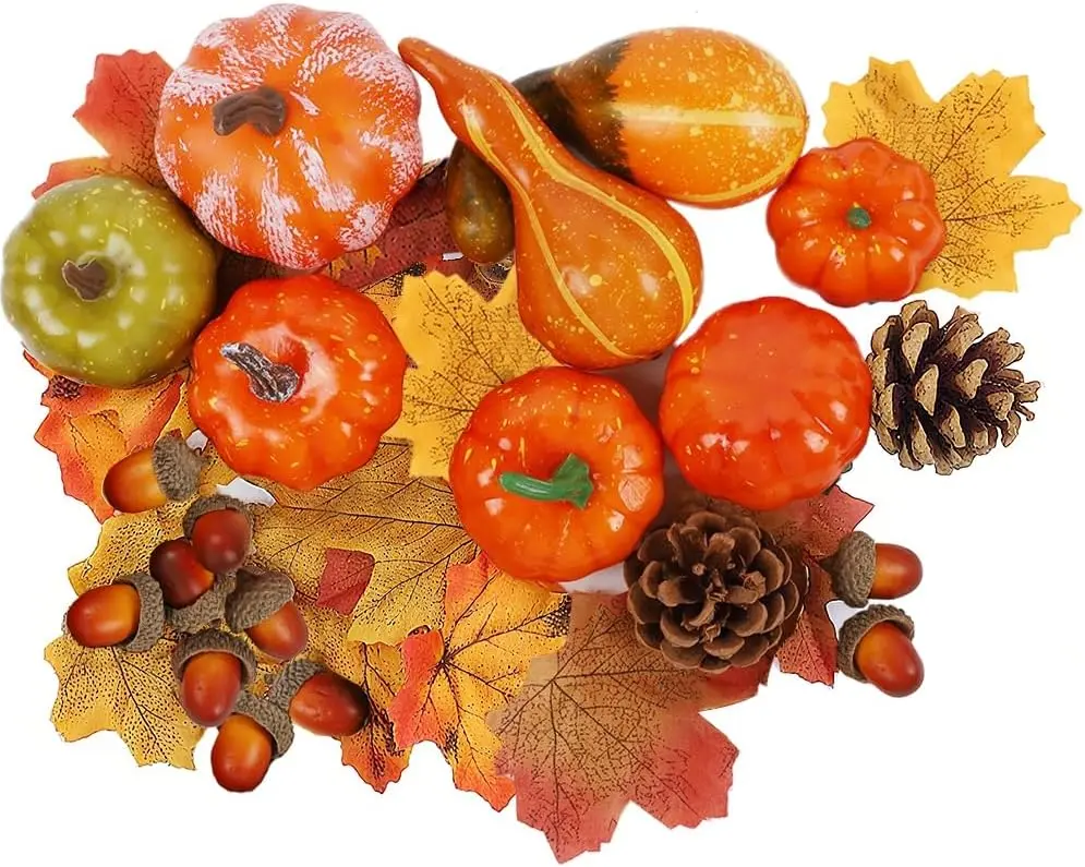 winemana Fall Decorations for Home Mini Pumpkins Gourds & Leaves Set | Thanksgiving Autumn Harvest Table Centerpieces, Cornucopia Basket Bowl Filler, Largest Pumpkin: 4.5" x 2.1"