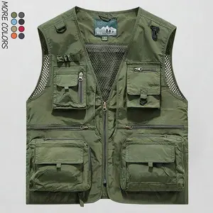 Men's solid color multi-pocket zip vest, casual streetwear, fishing, hollow V-neck tank jacket, suitable for year-round wear, men's everyday clothing.