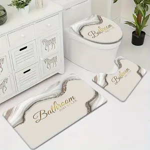 Marble Bathroom Rug Set 3 Pieces, Gold Glitter Abstract Non Slip Bath Mat for Bathroom Floor, Ultra Soft Absorbent Toilet Lid Cover & U-Shaped Contour Rug, Machine Washable Bathroom Decor Rugs for Tub, Shower